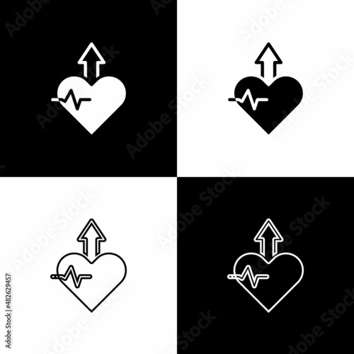 Set Heartbeat increase icon isolated on black and white background. Increased heart rate. Vector