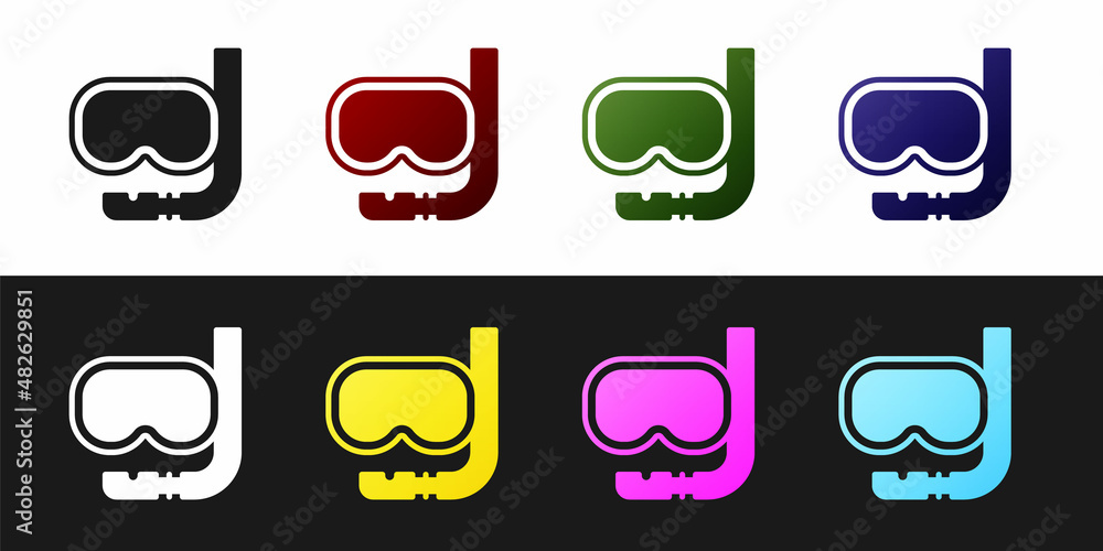 Set Diving mask and snorkel icon isolated on black and white background. Extreme sport. Diving underwater equipment. Vector Set Diving mask and snorkel icon isolated on black and white background. Extreme sport. Diving underwater equipment. Vector