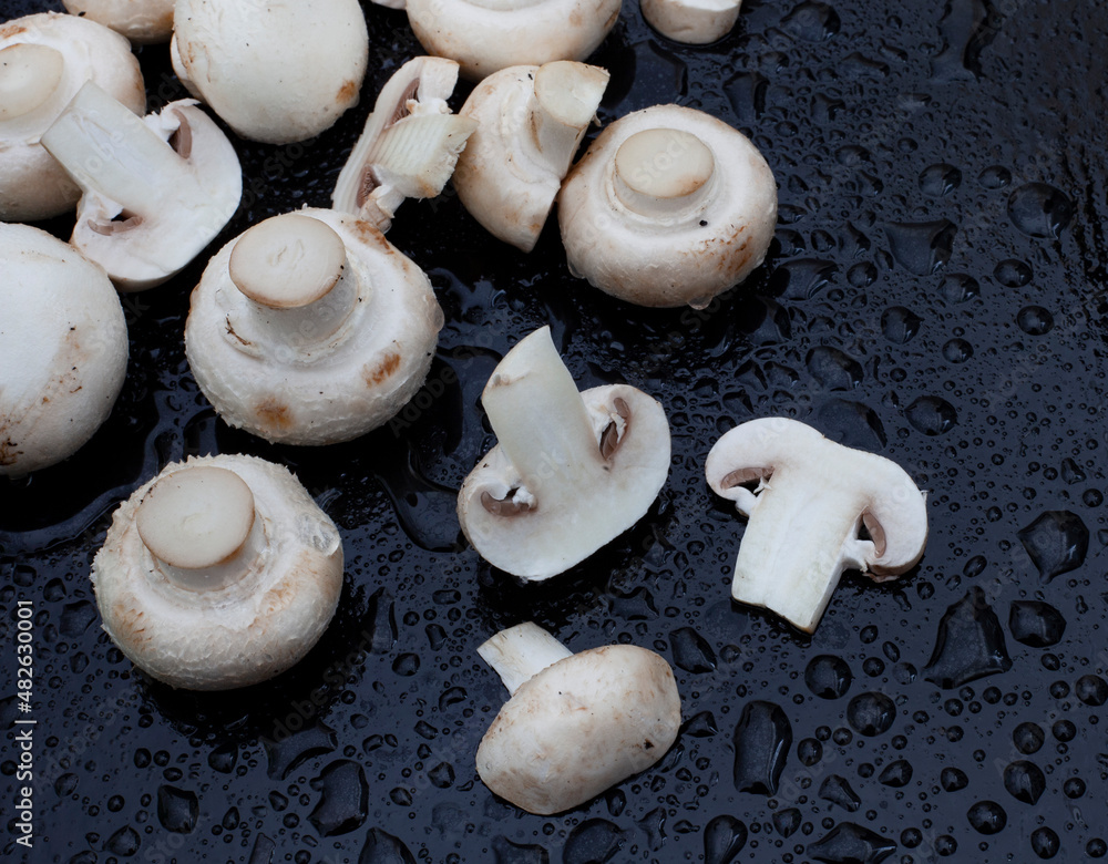 White button mushrooms on black surface with water droplets
White button mushrooms on black surface with water droplets