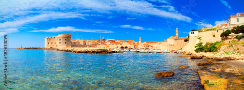 Coastal summer landscape, panorama - view of the City Harbour of the Old Town of Dubrovnik on the Adriatic coast of Croatia