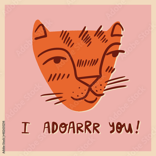 Funny Valentine's Day retro greeting card design with hand lettering. Cute hand-drawn tiger with text I adoarrrr you.
