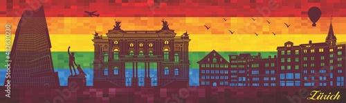 Zurich on LGBT flag background - illustration, 
Town in Rainbow background, 
Vector city skyline silhouette