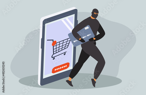 vector illustration on the theme of cyber security, internet fraud, identity theft. a big smartphone and a thief who steals a credit card under his arm