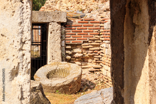 Remains thermae of ancient Roman Odessos with antique washbasin, in the city of Varna, on the Black Sea coast of Bulgaria photo