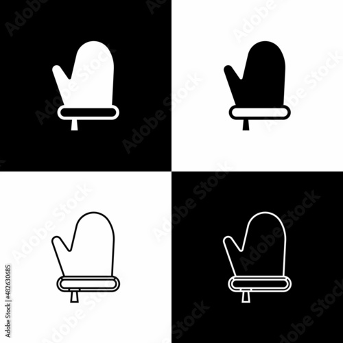 Set Oven glove icon isolated on black and white background. Kitchen potholder sign. Cooking glove. Vector