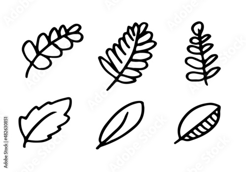 Vector doodle leaves set on white background.