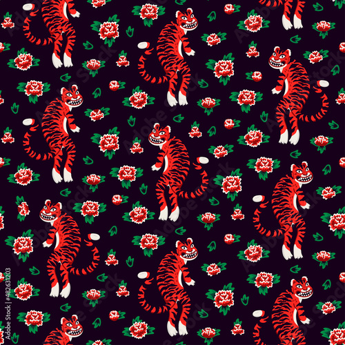 Tiger seamless pattern, vector animal print with cute tigers, and Chinese ros...