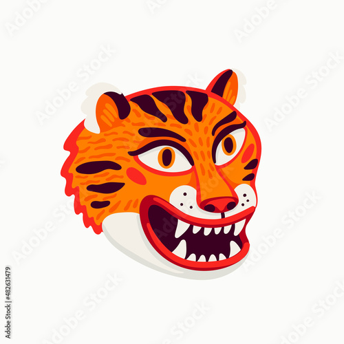 Tiger vector head, cartoon tiger funny face on white background.