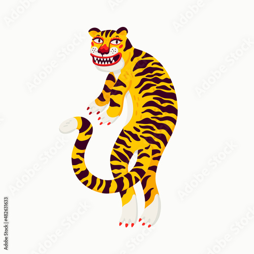 Tiger vector illustration, cartoon yellow tiger - the symbol of Chinese new year. Organic flat style vector illustration on white background. © mspoint