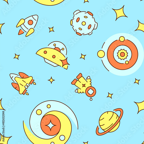 Spaceman floating in space abstract seamless pattern. Vector shapes on blue background. Trendy texture with cartoon color icons. Design with graphic elements for interior, fabric, website decoration