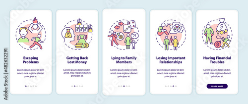 Symptoms of compulsive gambling onboarding mobile app screen. Addiction walkthrough 5 steps graphic instructions pages with linear concepts. UI, UX, GUI template. Myriad Pro-Bold, Regular fonts used