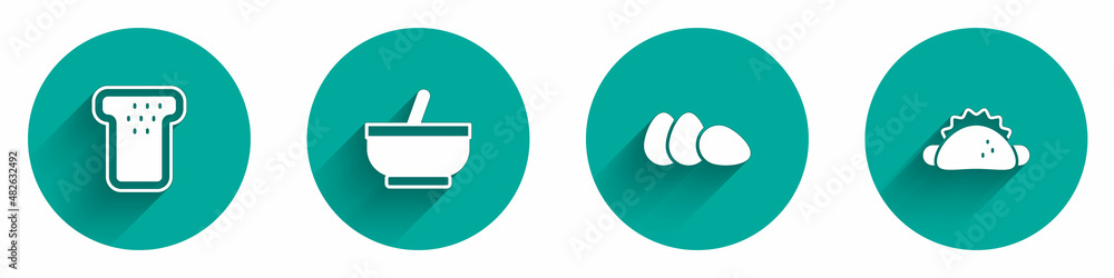 Set Bread toast, Mortar and pestle, Chicken egg and Taco with tortilla icon with long shadow. Vector Set Bread toast, Mortar and pestle, Chicken egg and Taco with tortilla icon with long shadow. Vector