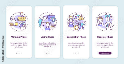 Phases of gambling addiction onboarding mobile app screen. Disorder walkthrough 4 steps graphic instructions pages with linear concepts. UI, UX, GUI template. Myriad Pro-Bold, Regular fonts used