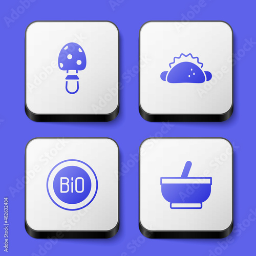 Set Fly agaric mushroom, Taco with tortilla, Banner for bio and Mortar and pestle icon. White square button. Vector
