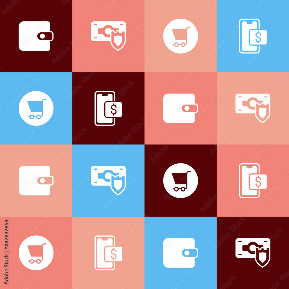Set pop art Wallet, Money with shield, Shopping cart and Mobile shopping icon. Vector Set pop art Wallet, Money with shield, Shopping cart and Mobile shopping icon. Vector
