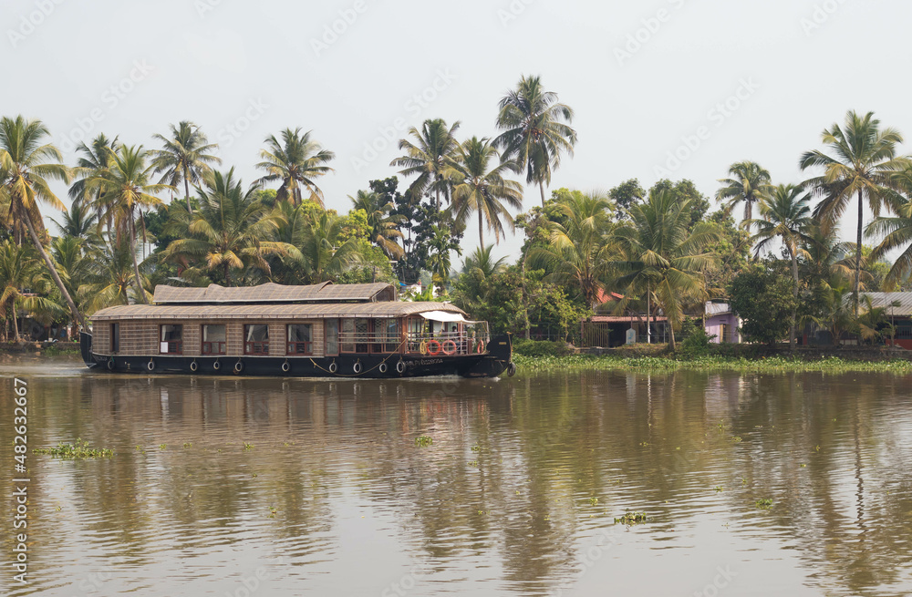 House boat in the lake with coconut tree