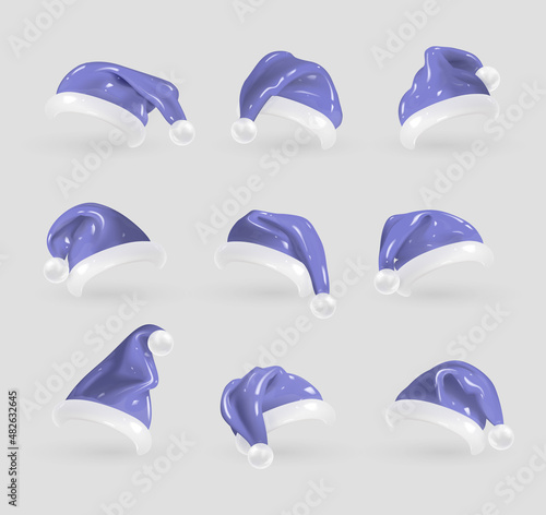 Set of 3D cartoon Santa Claus hats in trendy Very peri color, the colors of 2022