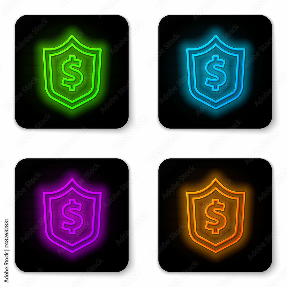 Glowing neon line Shield with dollar symbol icon isolated on white background. Security shield protection. Money security concept. Black square button. Vector Glowing neon line Shield with dollar symbol icon isolated on white background. Security shield protection. Money security concept. Black square button. Vector