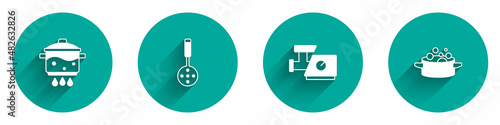 Set Cooking pot on fire, Spatula, Kitchen meat grinder and icon with long shadow. Vector