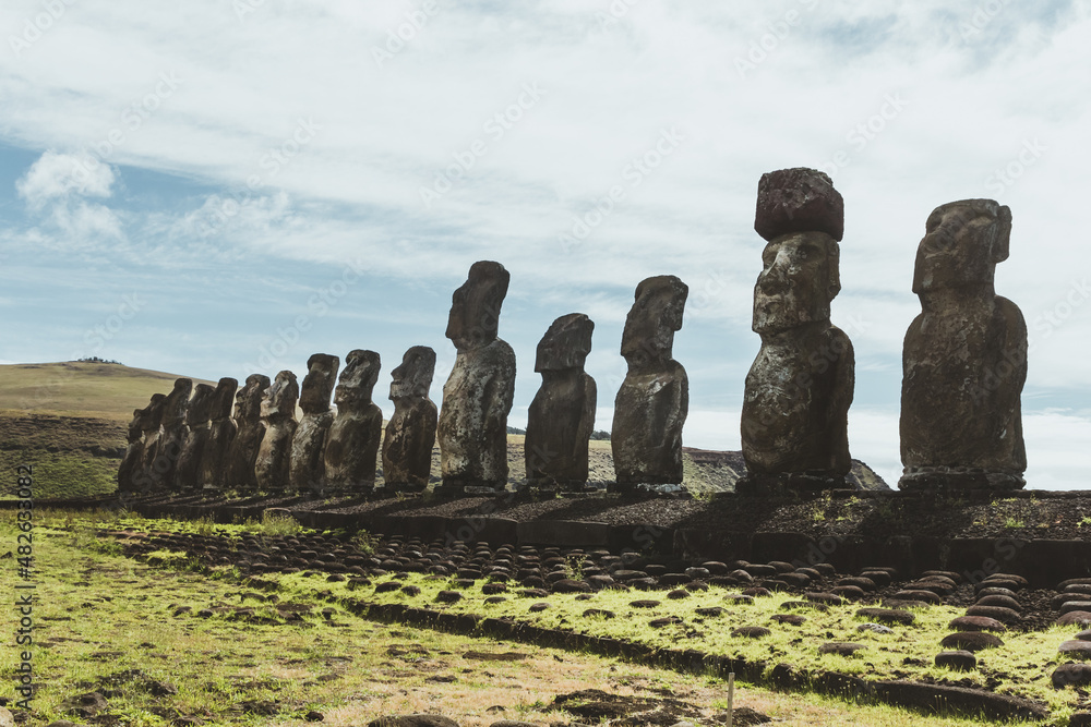 Side view of the fifteen moai of the ahu tongariki on Easter Island