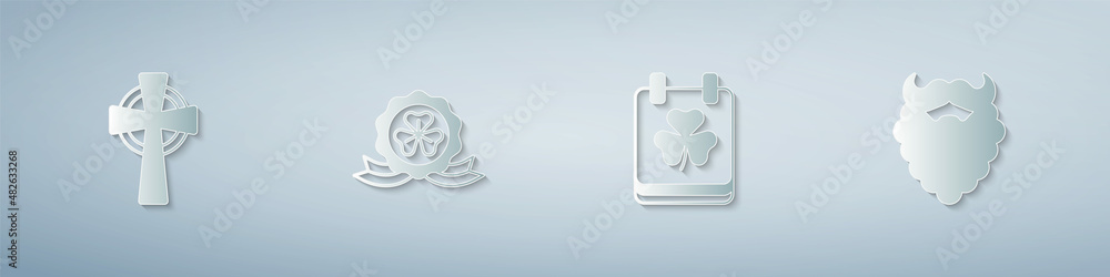 Set Celtic cross, Medal with clover, Saint Patricks day calendar and Mustache and beard. Paper art style. Vector Set Celtic cross, Medal with clover, Saint Patricks day calendar and Mustache and beard. Paper art style. Vector