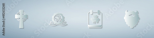 Set Celtic cross, Medal with clover, Saint Patricks day calendar and Mustache and beard. Paper art style. Vector
