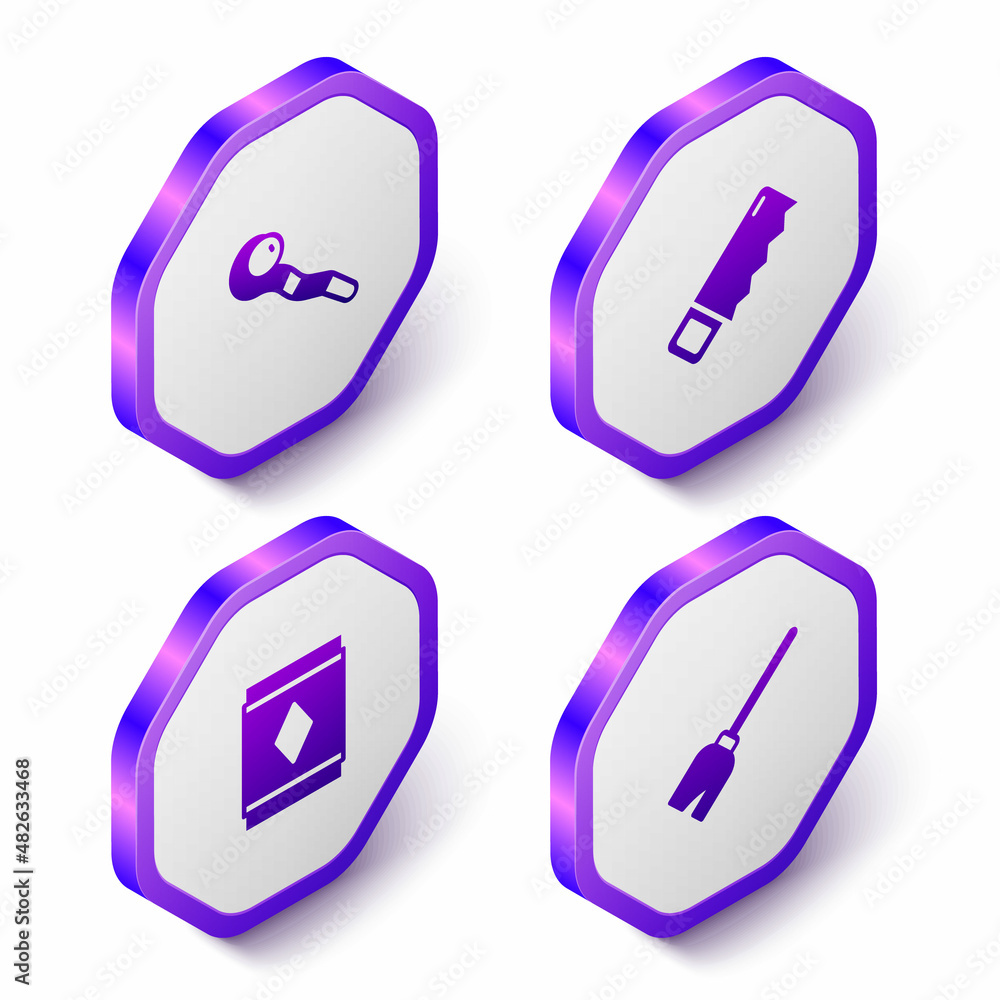 Set Isometric Magic staff, Hand saw, carpet and Witches broom icon. Purple hexagon button. Vector Set Isometric Magic staff, Hand saw, carpet and Witches broom icon. Purple hexagon button. Vector