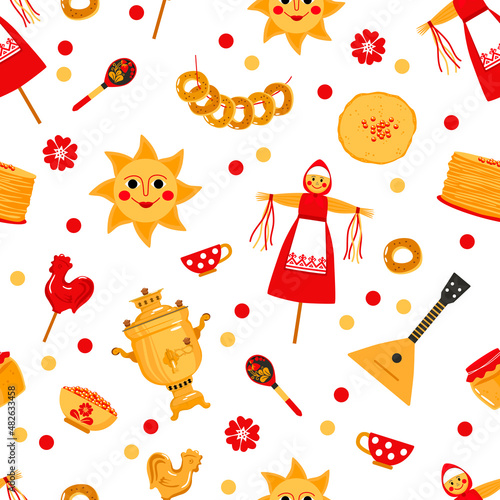 Shrovetide or Maslenitsa seamless pattern. Great Russian holiday Shrovetide. Vector illustration.
