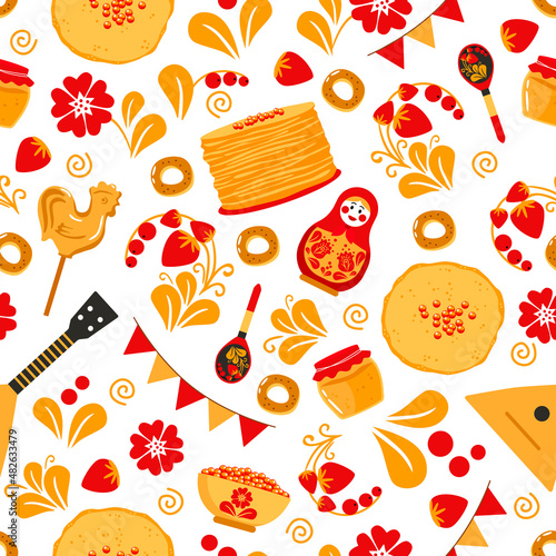 Shrovetide or Maslenitsa seamless pattern. Great Russian holiday Shrovetide. Vector illustration.