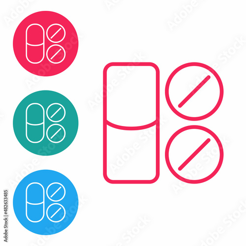 Red line Toothache painkiller tablet icon isolated on white background. Tooth care medicine. Capsule pill and drug. Pharmacy design. Set icons in circle buttons. Vector