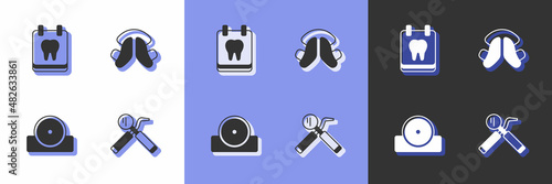 Set Dental mirror and probe, Calendar with tooth, Otolaryngological head reflector and plate icon. Vector