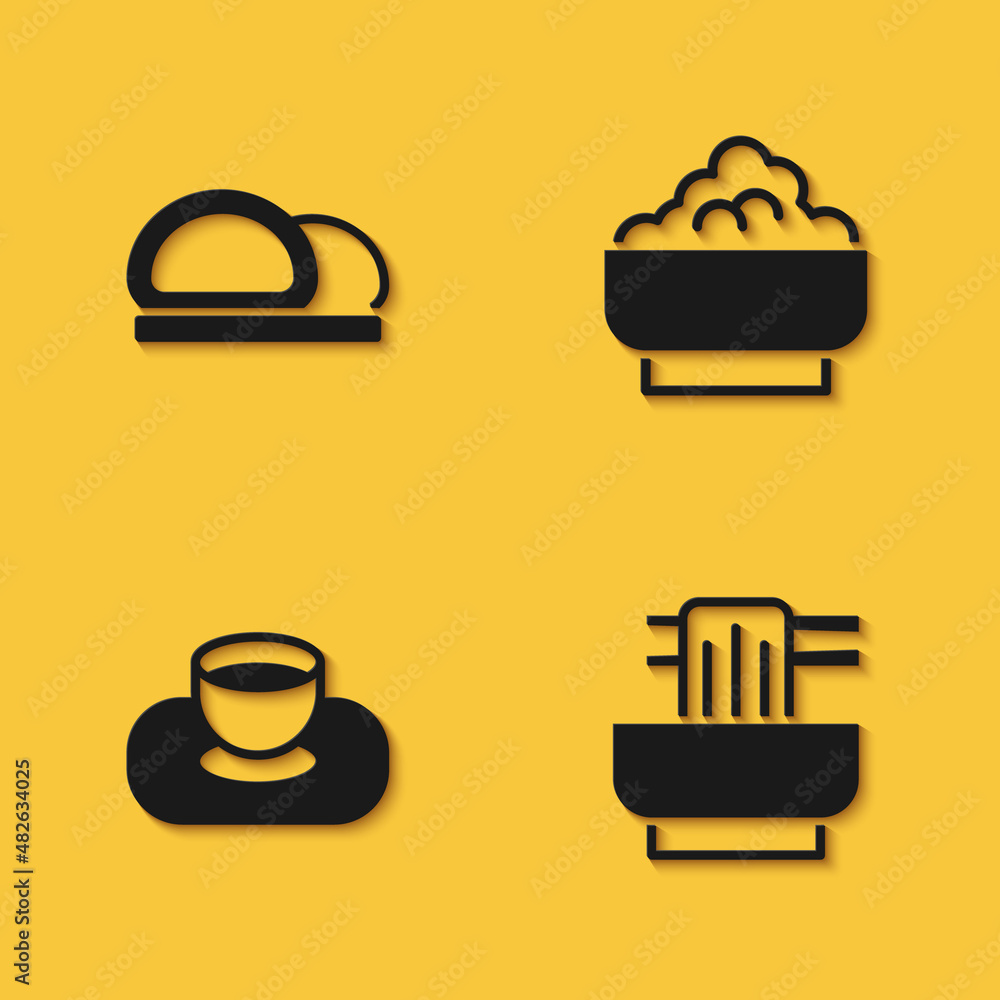 Set Sushi, Asian noodles in bowl, Soy sauce and Rice icon with long shadow. Vector Set Sushi, Asian noodles in bowl, Soy sauce and Rice icon with long shadow. Vector