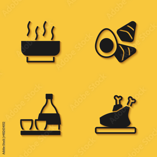 Set Ramen soup bowl, Roasted turkey or chicken, Bottle of sake and Chicken egg with vegerables icon with long shadow. Vector