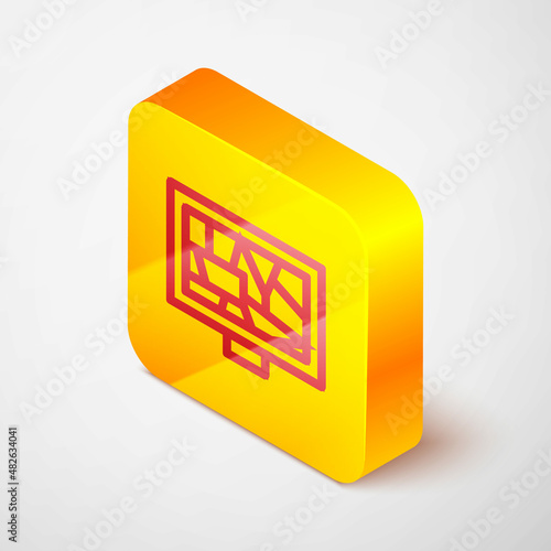 Isometric line Picture art icon isolated on grey background. Yellow square button. Vector