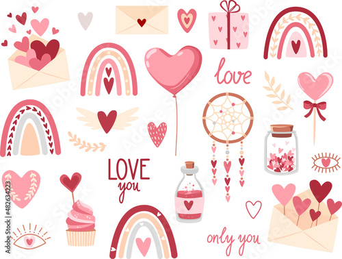 Set of clipart elements Valentine's day in boho style. Vector illustration