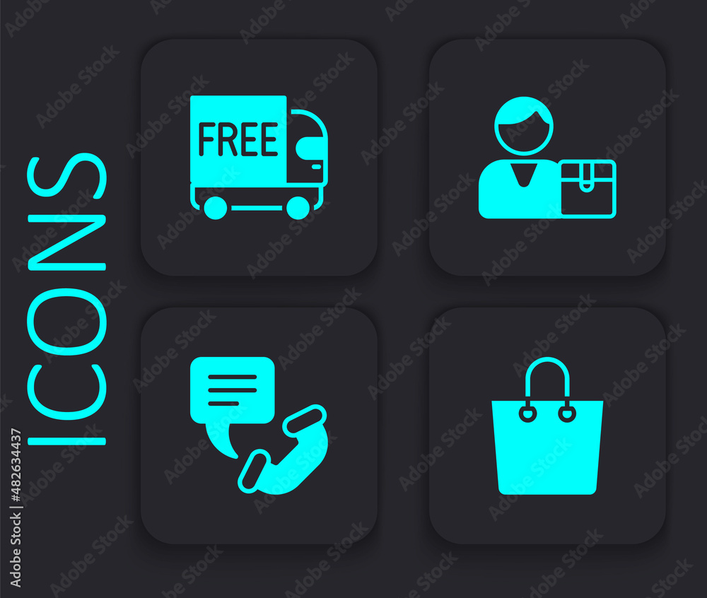 Set Paper shopping bag, Free delivery service, Buyer and Telephone 24 hours support icon. Black square button. Vector Set Paper shopping bag, Free delivery service, Buyer and Telephone 24 hours support icon. Black square button. Vector
