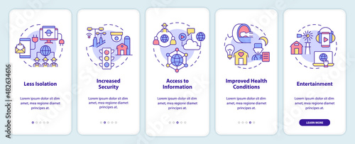 Benefits of energy services and RE onboarding mobile app screen. Walkthrough 5 steps graphic instructions pages with linear concepts. UI, UX, GUI template. Myriad Pro-Bold, Regular fonts used
