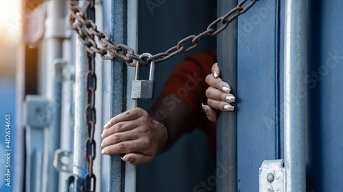 Canvastavla Woman trapped in cargo container ,woman immure by chain wait for Human Trafficki