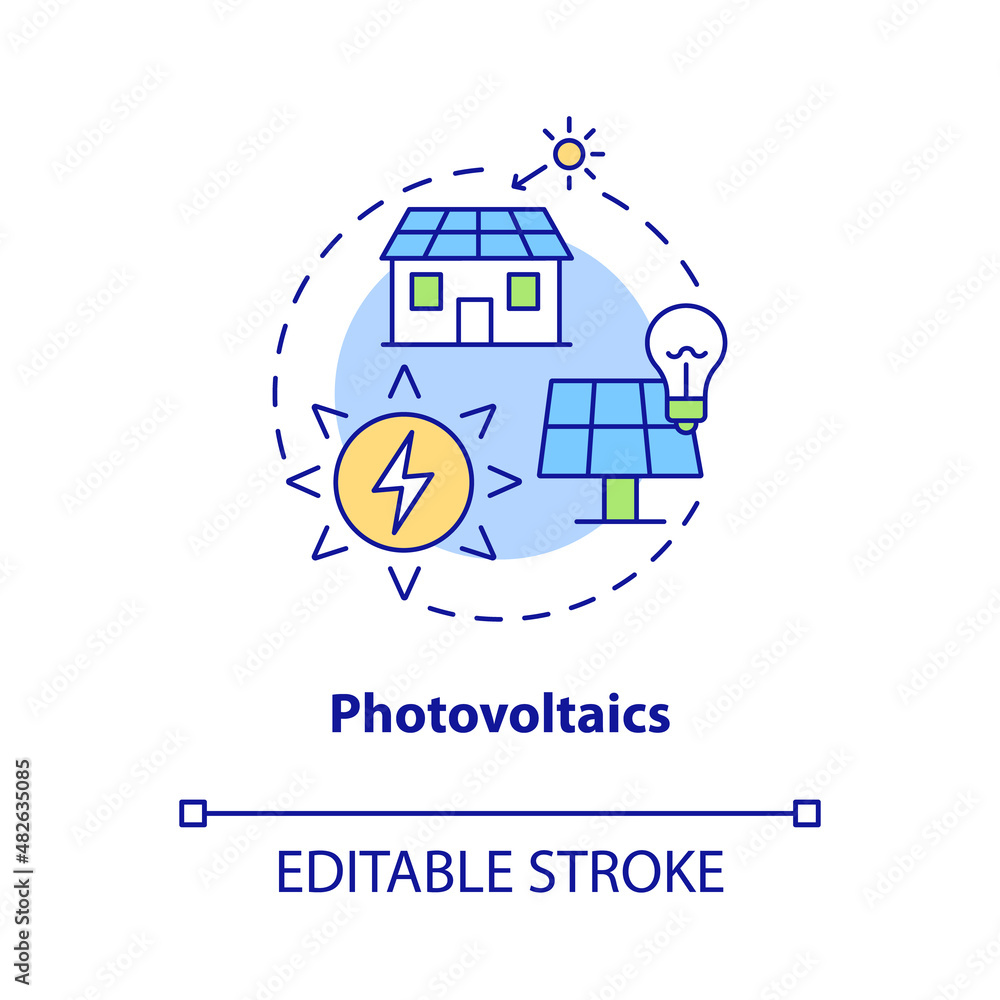 Photovoltaics concept icon. Rural electrification technology abstract idea thin line illustration. Isolated outline drawing. Editable stroke. Roboto-Medium, Myriad Pro-Bold fonts used