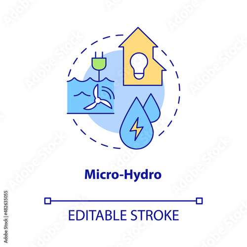 Micro hydro concept icon. Rural electrification technology abstract idea thin line illustration. Isolated outline drawing. Editable stroke. Roboto-Medium, Myriad Pro-Bold fonts used