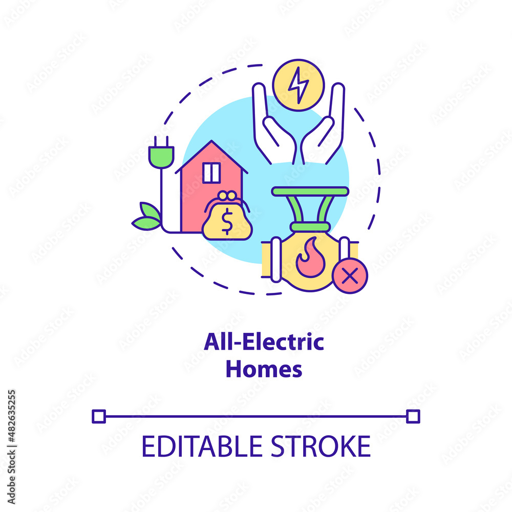 All electric homes concept icon. Benefits of electrification abstract idea thin line illustration. Isolated outline drawing. Editable stroke. Roboto-Medium, Myriad Pro-Bold fonts used
