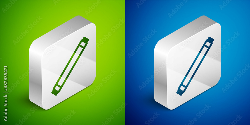 Isometric line Long luminescence fluorescent energy saving lamp icon isolated on green and blue background. Silver square button. Vector Isometric line Long luminescence fluorescent energy saving lamp icon isolated on green and blue background. Silver square button. Vector