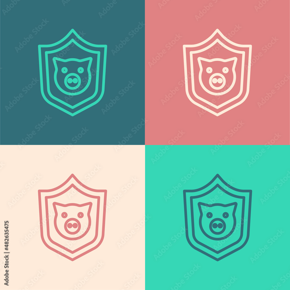 Pop art line Shield with pig icon isolated on color background. Animal symbol. Vector Pop art line Shield with pig icon isolated on color background. Animal symbol. Vector