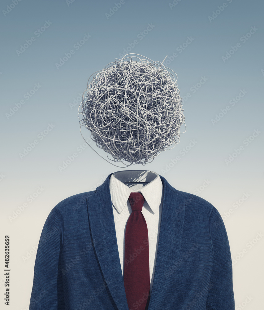 Headless businessman with chaotic wires. - obrazy, fototapety, plakaty 