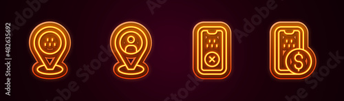 Set line Location taxi car, Taxi client, mobile app and Mobile banking. Glowing neon icon. Vector