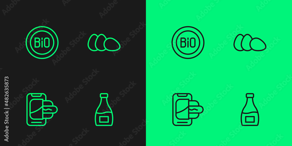 Set line Sauce bottle, Food ordering on mobile, Banner for bio and Chicken egg icon. Vector Set line Sauce bottle, Food ordering on mobile, Banner for bio and Chicken egg icon. Vector