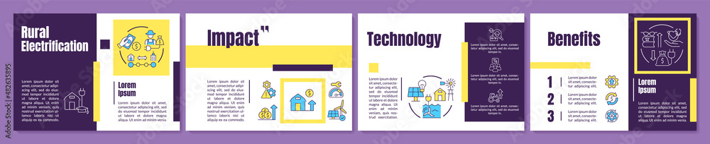 Countryside electrification purple brochure template. Booklet print design with linear icons. Vector layouts for presentation, annual reports, ads. Anton-Regular, Lato-Regular fonts used
