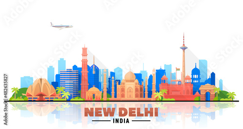 New Delhi (India ) city skyline white background. Flat vector illustration. Business travel and tourism concept with modern buildings. Image for banner or website. photo
