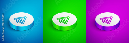 Isometric line Uneven road ahead sign. Warning road icon isolated on blue, green and purple background. Traffic rules and safe driving. White circle button. Vector