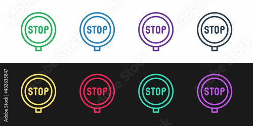 Set line Stop sign icon isolated on black and white background. Traffic regulatory warning stop symbol. Vector